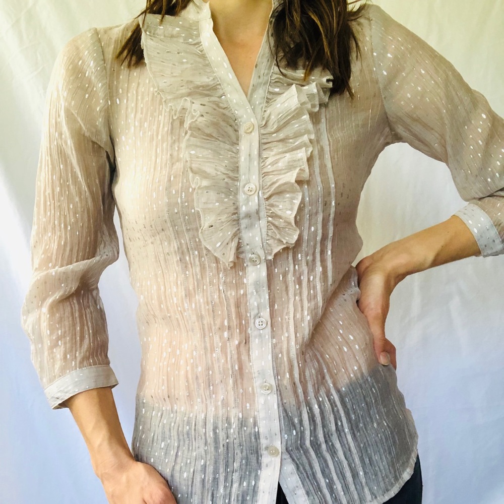 The Limited metallic silver polka dot tuxedo ruffle button down shirt size XS